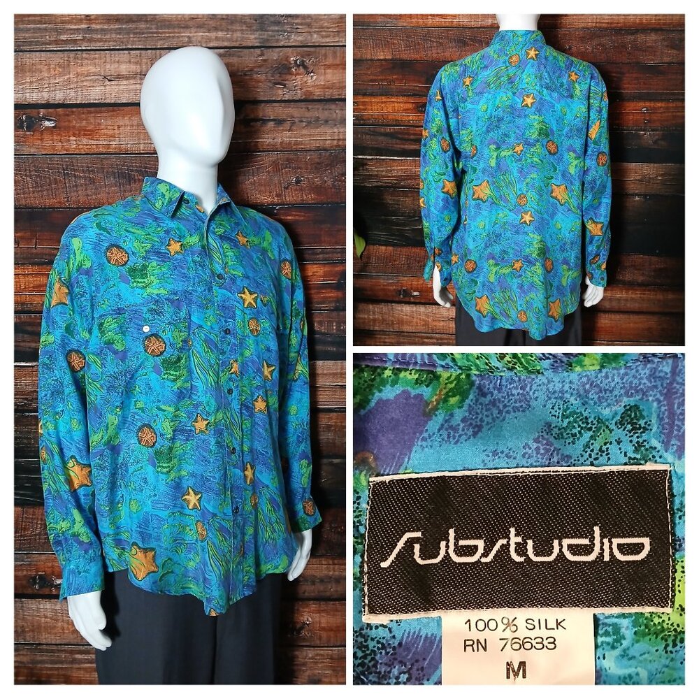 Substudio Vintage Silk Top Mens M Psychedelic Seashell Tropical Button Front